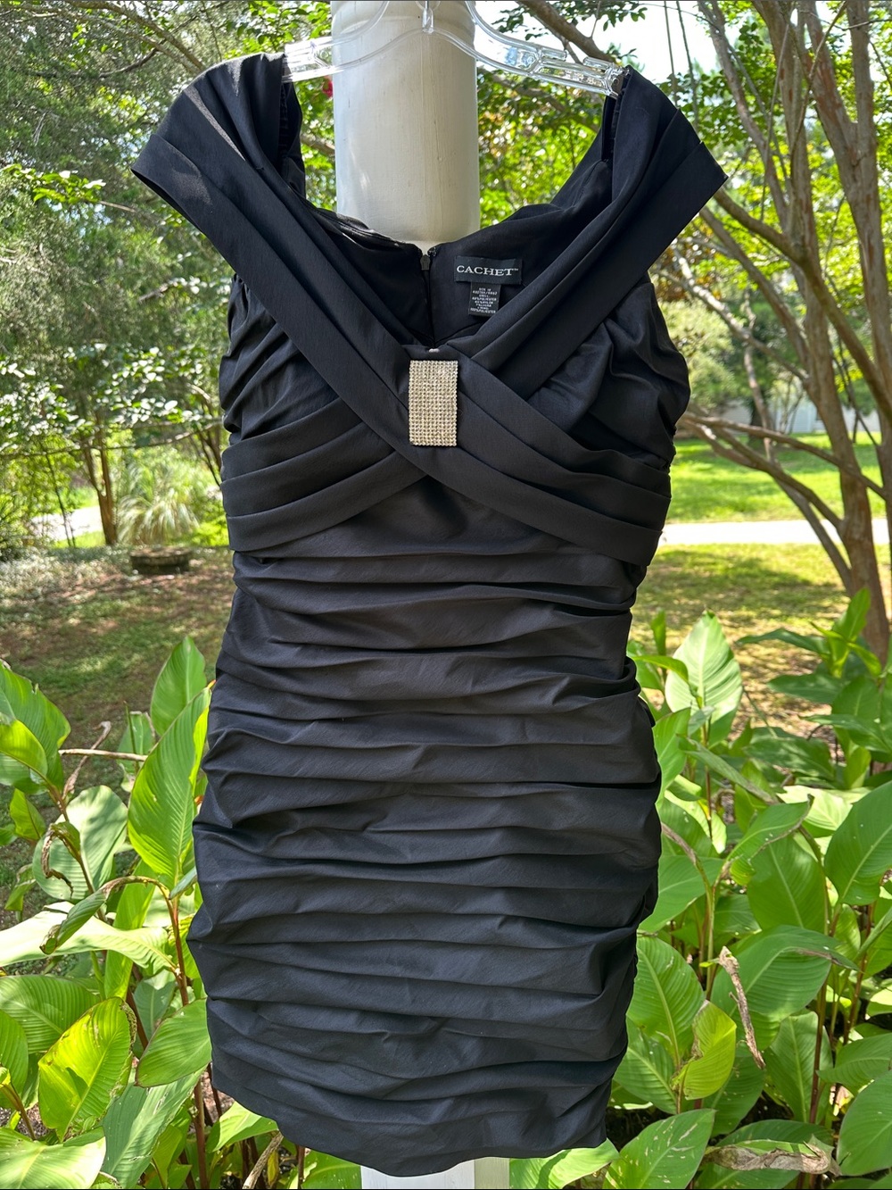 Cachet Black Ruched Mini Dress with Rhinestone Accent